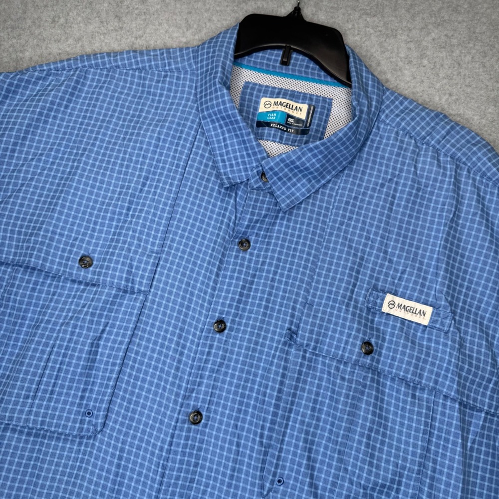 Magellan Fishing Shirt Mens 4XL Blue Plaid Short Sleeve Vented Button Up Relaxed